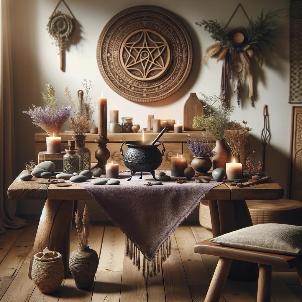 A tranquil and balanced sacred space featuring a rustic wooden table covered with a purple cloth, surrounded by natural elements like herbs, stones, and a gently burning incense stick, set in a softly lit room to promote meditation and spiritual practice.