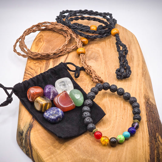 Overview of the Complete Chakra Stone Kit on a wooden surface