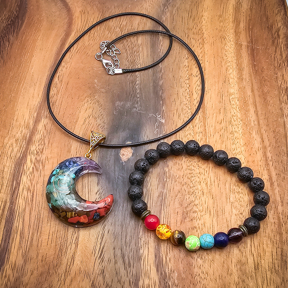 Vibrant Chakra Stone Pendant Necklace and Bracelet Set