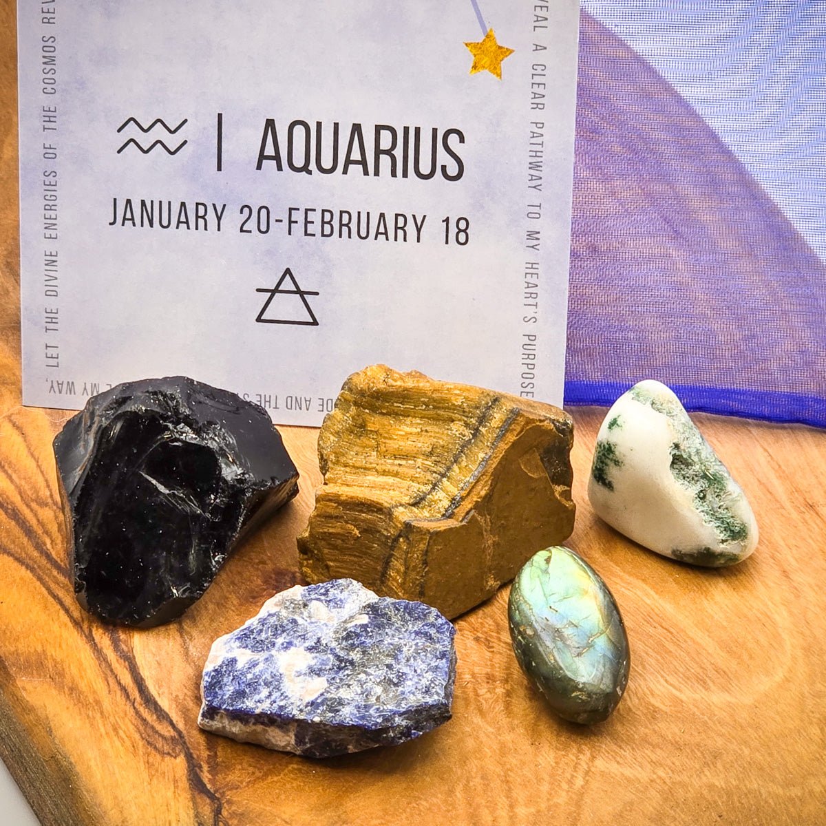 closeup Aquarius Zodiac Healing Stone Bag with Guide Card