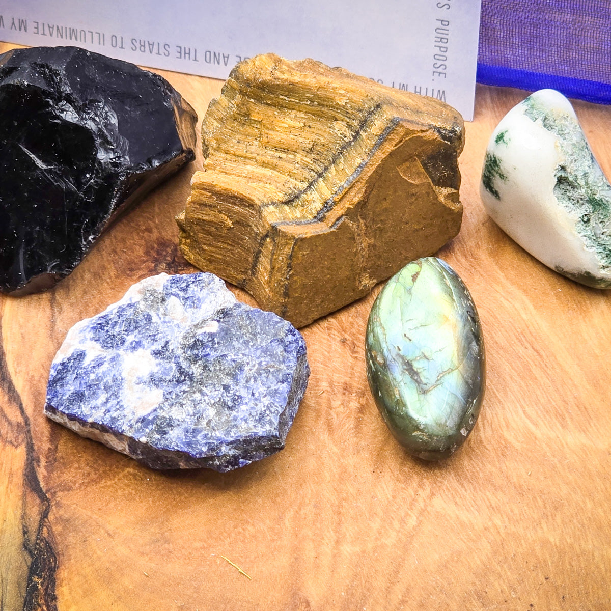 Moss Agate Birthstone, Tiger Eye, Sodalite, Labradorite, and Obsidian stones for Aquarius