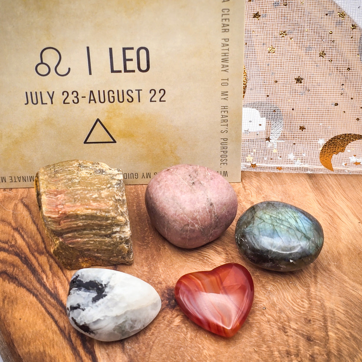 Leo Zodiac Energizing Stone Bag with Guide Card, close up of the stones