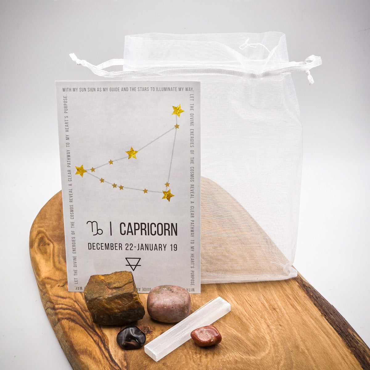 Capricorn Zodiac Stone Bag with Birthstone and Guide Card, all contents removed from the back, wide angle