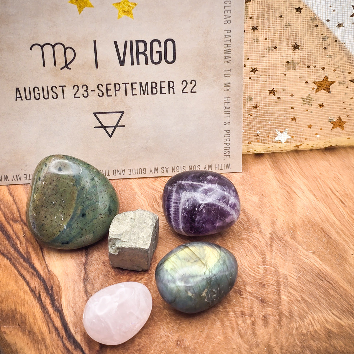 Virgo Zodiac Harmony Stone Bag with Birthstone and Guide Card, contents removed from bag, close up of stones