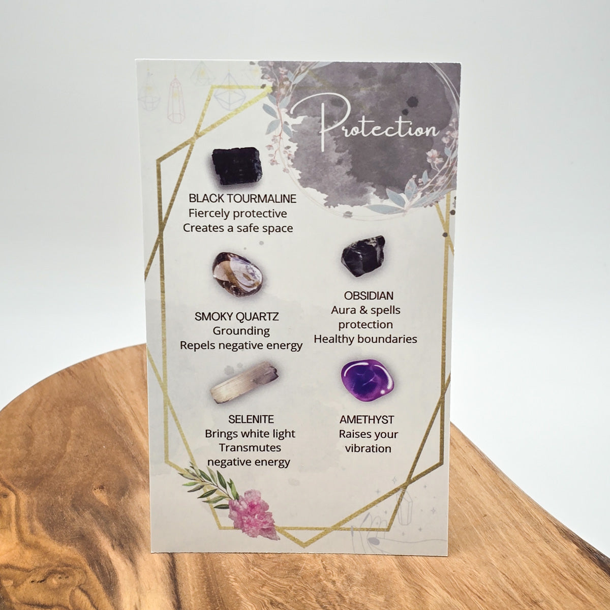 The backside of the 'Protection' card detailing the properties of each crystal for visualization and understanding, set against a clean white background.