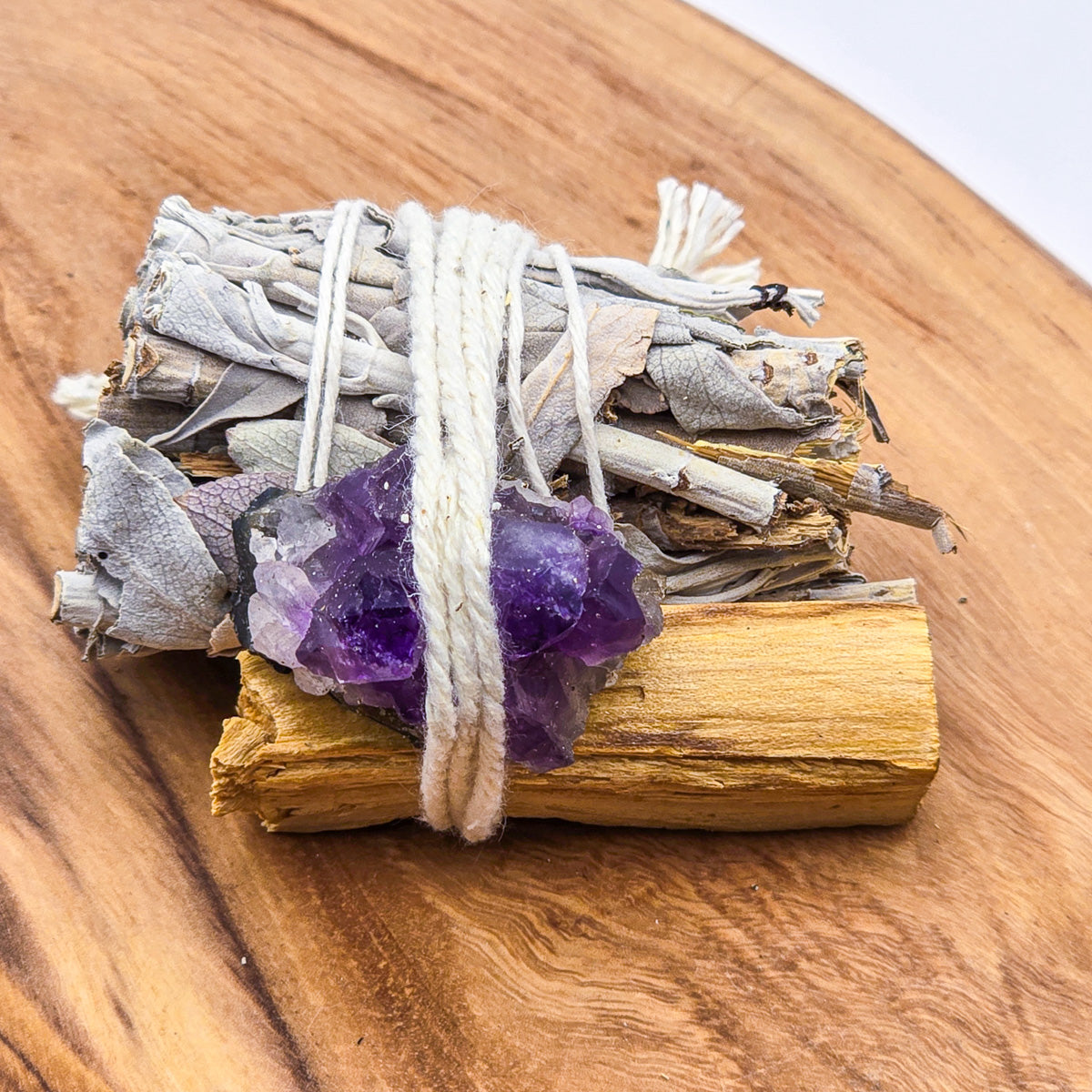 Cleansing Trio straight on - Spiritual clarity with Sage, Palo Santo, Amethyst